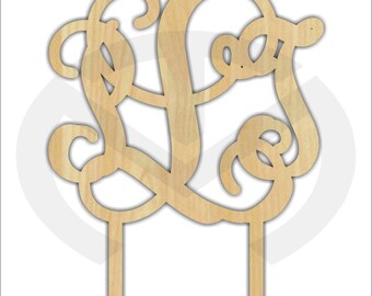 Cake Topper - 01584C- 3 letter Monogram, Unfinished Wood Laser Cutout, Wedding, Anniversary, Birthday