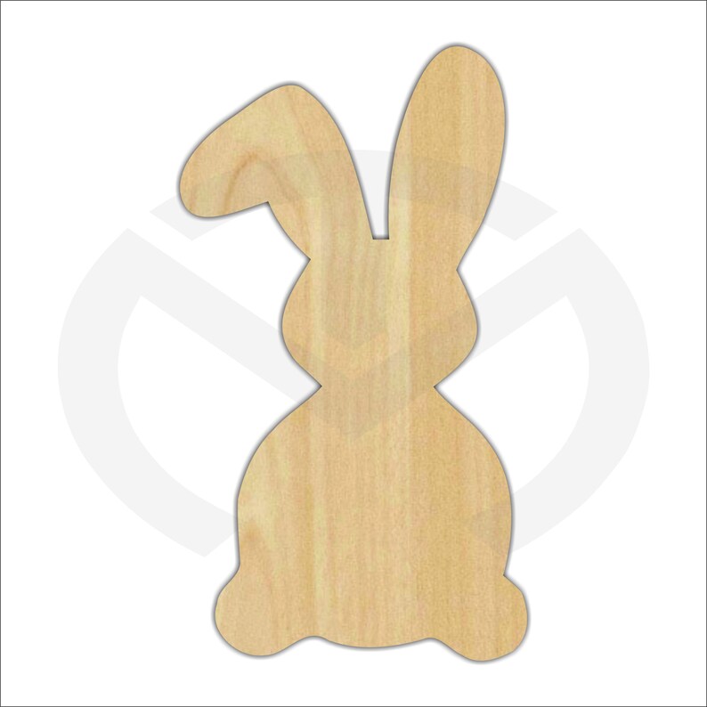 May include: A wooden cutout of a bunny rabbit in a simple, classic shape. The bunny is light brown and has a smooth, unfinished surface.