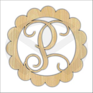 May include: A wooden cutout of the letter "S" in a decorative script font, surrounded by a scalloped circle. The cutout is made of light brown wood.