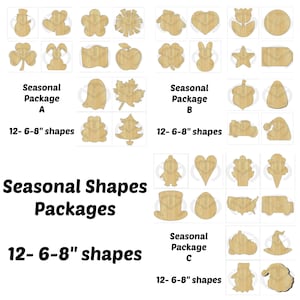 Set of 12 small Interchangeable Seasonal Shapes 1 BONUS shape Unfinished Wood Laser Cutout , Home Decor, Various Options image 1