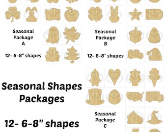 Set of 12 small Interchangeable Seasonal Shapes + 1 BONUS shape- Unfinished Wood Laser Cutout , Home Decor, Various Options