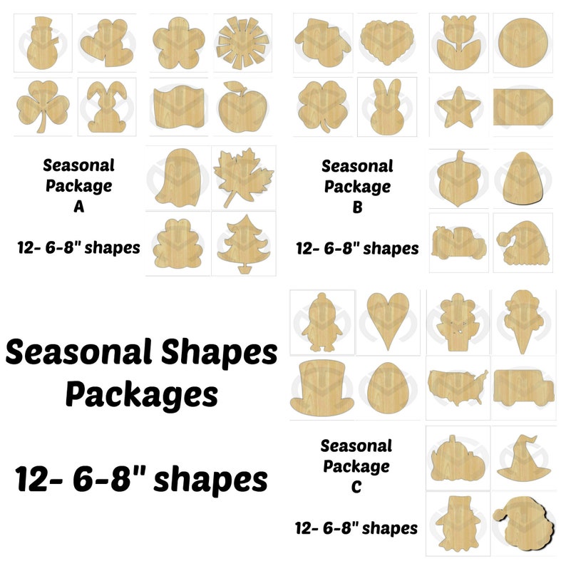 Set of 12 small Interchangeable Seasonal Shapes 1 BONUS shape Unfinished Wood Laser Cutout , Home Decor, Various Options image 1