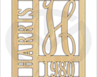 Wood Framed Monogram - 01664C- with Name Initial & Year, Unfinished Laser Cutout, Door Hanger, Various Sizes, Script, Family