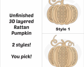 Rattan Layered 3D Pumpkin, Unfinished, Laser Cut, Wreath Accent, Door Hanger, Ready to Paint & Personalize, Various Sizes