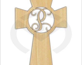 Unfinished Wood Scroll Cross Monogram Door Hanger Laser Cutout with Your Initial 