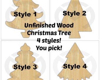 Unfinished Wood Christmas Tree Laser Cutout, Wreath Accent, Door Hanger, Ready to Paint & Personalize, Various Sizes, 4 styles