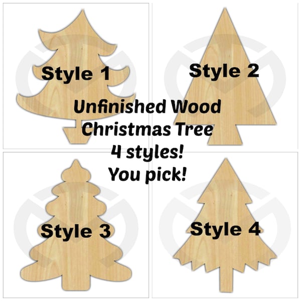 Unfinished Wood Christmas Tree Laser Cutout, Wreath Accent, Door Hanger, Ready to Paint & Personalize, Various Sizes, 4 styles