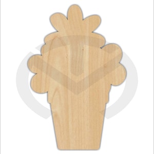 May include: A wooden cutout of a flower pot with flowers on top. The pot is a simple shape with a rounded top and a flat bottom. The flowers are stylized and have five petals each.