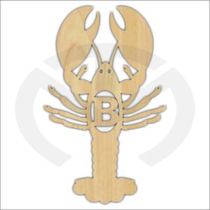 May include: Wooden cutout of a lobster with a circle in the center that has the letter "B" inside. The lobster is light brown in color.