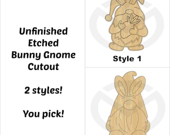 Etched Bunny Rabbit Gnome- Unfinished Wood Laser Cutout, Wreath Accent, Door Hanger, Ready to Paint & Personalize, Various Sizes