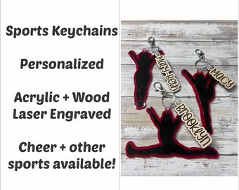 Keychain - Cheer, Sports Silhouette and Name - Laser Engraved - Wood and Acrylic - Personalized- Bag Tag