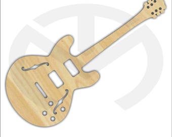 May include: A wooden cutout of a hollow-body electric guitar. The guitar is light brown and has a natural wood grain finish.