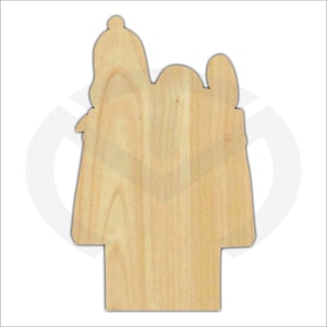 May include: Wooden cutout of three figures standing together, possibly representing a family or friends. The figures are simple and stylized, with no facial features. The cutout is made of light-colored wood and has a smooth, unfinished surface.