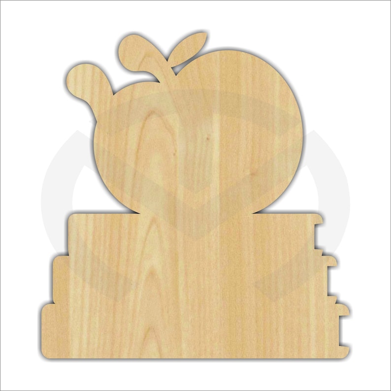 Apple & Worm on Stack of Books, Unfinished Wood Laser Cut-Out, Door Hanger, Wall Decor, Teacher Appreciation gift image 2