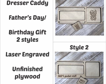 Men's Dresser Caddy, Dresser Organizer, Valet Tray, Unfinished Wood, Laser Cut & Engraved, Father's Day, Birthday Gift