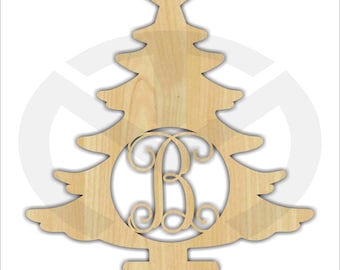 Christmas Tree - 01679C- Any Initial, Unfinished Wood, Laser-Cut, Personalized, Christmas Wall/Door Decor, Various Sizes