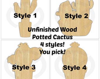Potted Cactus- Unfinished Wood Laser Cutout, Door Hanger, Home Decor, Various Sizes, Various Styles