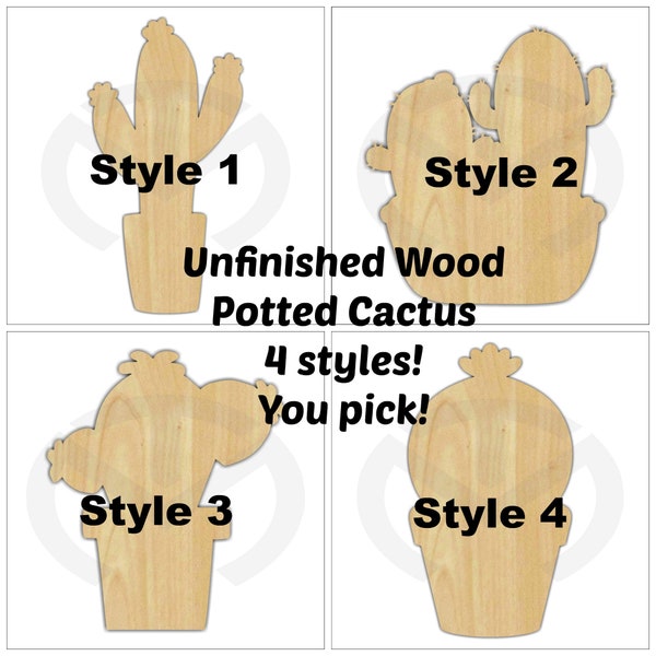 Potted Cactus- Unfinished Wood Laser Cutout, Door Hanger, Home Decor, Various Sizes, Various Styles