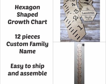 Growth Chart, Unfinished Laser Cut Plywood with UV Printing, 12 Hexagon Pieces, Custom Family Name Topper