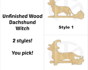 Dachshund Witch- Unfinished Wood Laser Cutout, Wreath Accent, Door Hanger, Ready to Paint & Personalize, Various Sizes, Halloween, 2 styles