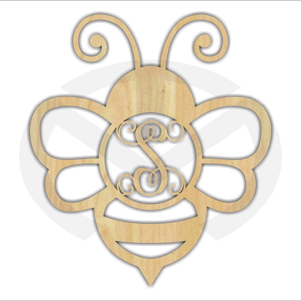 Unfinished Wood Bumble Bee Monogram Door Hanger Laser Cutout w/ Your Initial, Home Decor, Various Sizes, Script