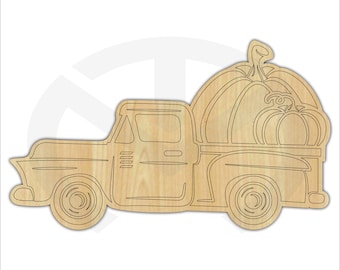 Etched Vintage Truck with Pumpkins- Unfinished Wood Laser Cutout, Wreath Accent, Door Hanger, Ready to Paint & Personalize, Various Sizes