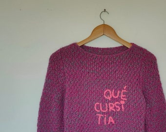 Hand-knitted and hand-embroidered lilac sweater. Customized handmade wool sweater.
