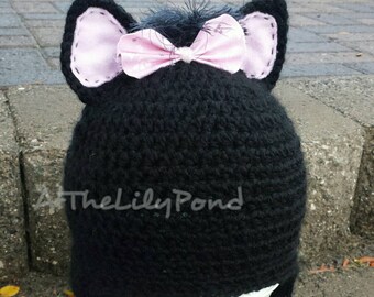 Black Cat Hat, Kitty Cat Hat, Kitty Cat Ears, Newborn Baby Hats, Crochet Baby Hat, Baby Winter Hat, Girls Winter Hat, Newborn Photo Prop