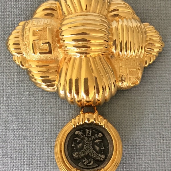 Iconic FENDI Signed Massive BASKETWEAVE Roman Janus Heads Silver COIN Charm Brooch Pin Gold Metal Vintage Designer Runway Couture Statement