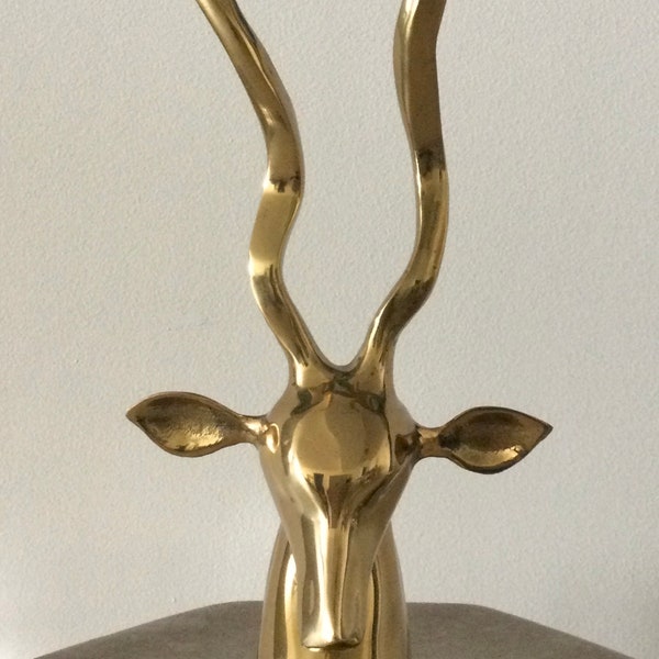 Huge 13" HOLLYWOOD REGENCY Brass GAZELLE Mid Century Modern Vintage Antelope Impala Head Sculpture Figure Long Antlers Horns Statue Figurine