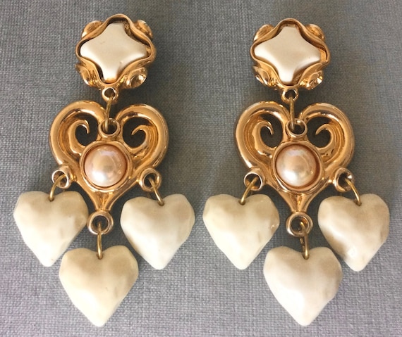 OVERSIZED 4 White PUFFY HEART Charms Drop Dangle Earrings 