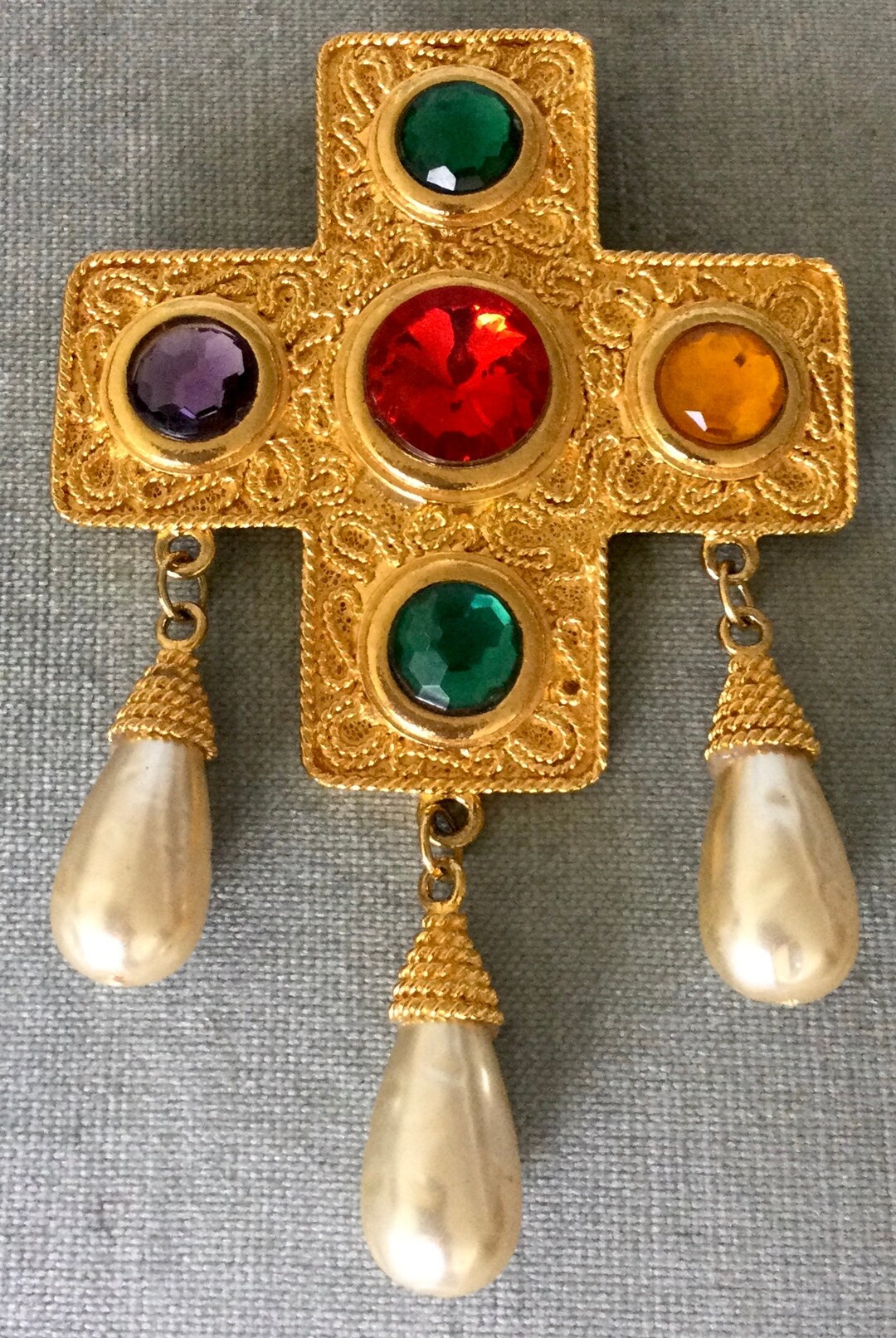 Massive 5” MALTESE CROSS PEARLS Multicolor Crystal Baroque Brooch Pin ...