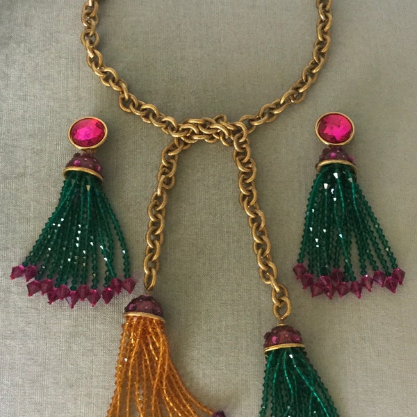 Massive JAY FEINBERG TASSEL Emerald Topaz Pink Crystals Chunky Chain Necklace Drop Earrings Set Gold Metal Vintage Designer Runway Couture