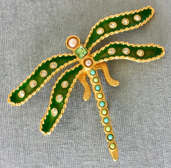 Massive YOSCA Signed ENAMELED DRAGONFLY Pearls Gl… - image 4