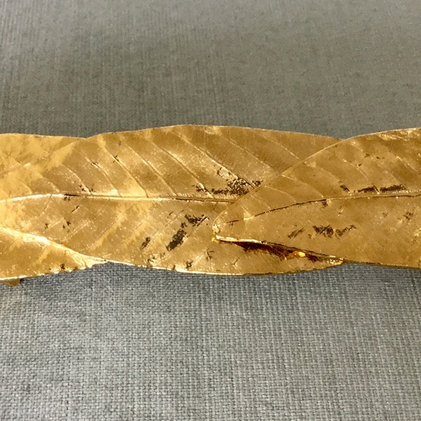 9 1/2" Long MIMI Di N Signed Roman LAUREL LEAVES Massive Belt Buckle Gold Metal Vintage Designer Runway Couture Leaf Art Deco Huge Statement