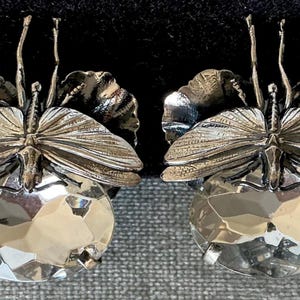 French BUG LEAVES & HEADLIGHT Clear Crystal Cabochon Earrings Silver Metal Vintage Designer Couture Runway Statement Dragonfly Butterfly