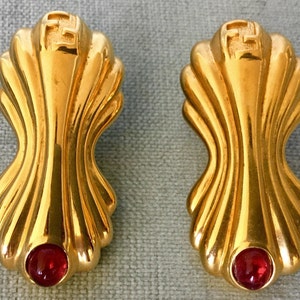 Iconic OVERSIZED FENDI Signed Ruby Red Gripoix Glass CABOCHON Logo Gold-plated Metal Pierced Earrings Art Deco Dangle Vintage Rare Couture
