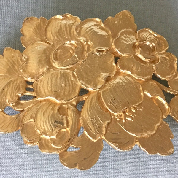 Rarest ACCESSOCRAFT Signed Huge FLOWERS & LEAVES Baroque Gold Metal Belt Buckle Vintage Designer Runway Couture Big Large Floral Statement