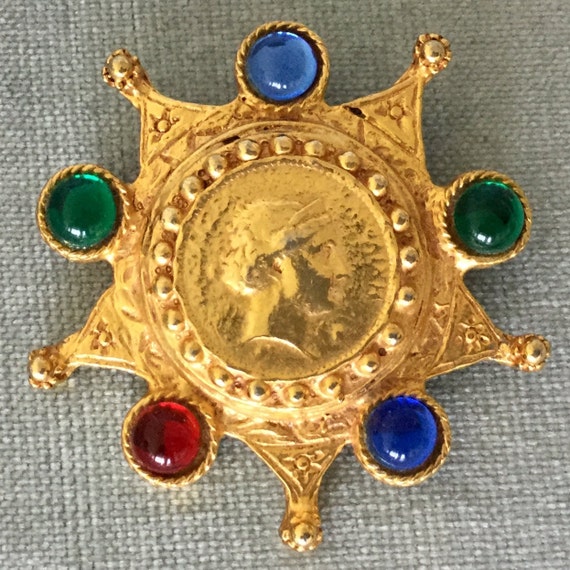 Huge VICTORIAN JEWELED COIN Multicolor Jewels of I