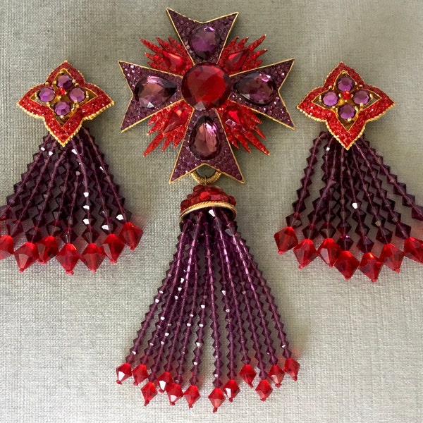 Massive JAY FEINBERG Signed Maltese CROSS Tassel Red Purple Crystals Brooch Pin Drop Earrings Set Gold Metal Vintage Designer Runway Couture