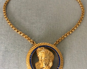 Giant LUCIEN PICCARD Signed CAMEO Victorian Pendant Choker Necklace Sapphire Blue Glass Crystals Gold Metal Vintage Designer Runway Couture