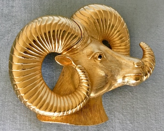 Monumental RAM'S HEAD Signed MUSI Gold Metal w/Black Eye Belt Buckle Vintage Designer Runway Couture Huge Massive Statement Figural Animal