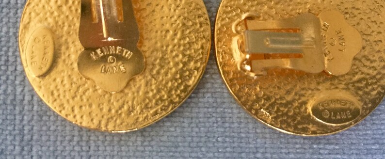 KJL Kenneth Jay Lane Signed JANUS HEADS Roman Coin Gold Metal Round Earrings Vintage Etruscan Revival Big Statement Designer Runway Couture