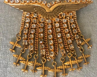 Spectacular AVIATOR AIRPLANE CHARMS Tassel Fringe 3” Giant Brooch Pin Crystals Gold Metal Art Deco Vintage Designer Runway Couture Statement