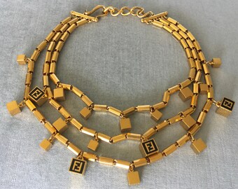 Rarest FENDI Signed Cube LOGO CHARM Triple Chain Collar Choker Necklace Black Enamel Gold Metal Vintage Designer Runway Cubist Couture Italy