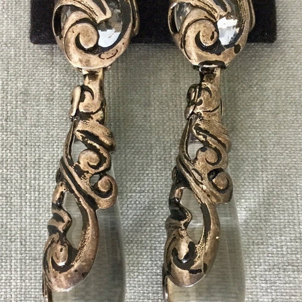 Massive ISABEL CANOVAS Clear GLASS Charm Pools Of Light Ornate Drop Dangle Earrings Silver Metal Vintage Designer Runway Couture Statement