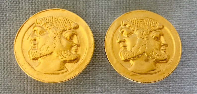 KJL Kenneth Jay Lane Signed JANUS HEADS Roman Coin Gold Metal Round Earrings Vintage Etruscan Revival Big Statement Designer Runway Couture
