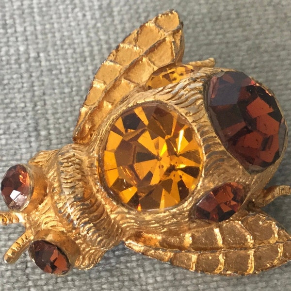 Chic MOSELL Signed BUMBLEBEE Brooch Pin Topaz Crystals Gold Metal Vintage Designer Couture Runway Bee Big Statement Insect Figural Fly