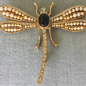 Massive CRAFT Signed DRAGONFLY with PEARLS Black Cabochon Crystal Rhinestones Brooch Pin Gold Metal Vintage Designer Runway Couture Insect