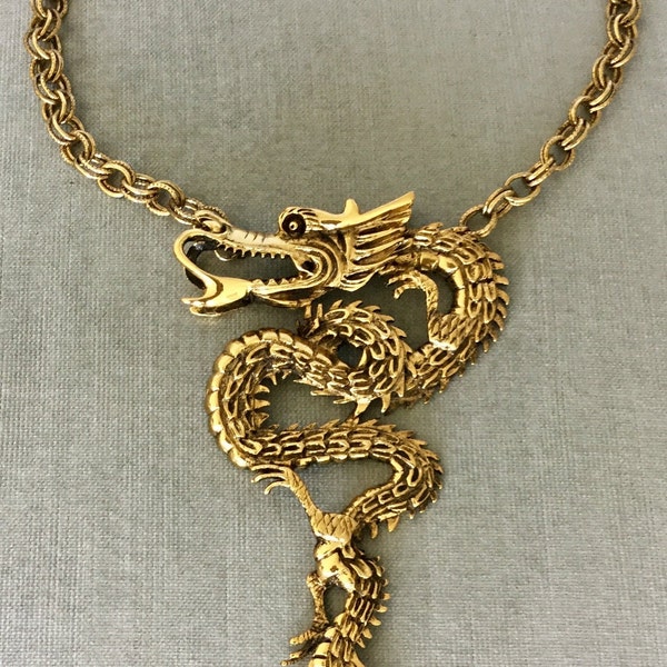 Superb Massive TORTOLANI 6” Long DRAGON PENDANT Huge Statement Necklace Gold Metal Vintage Designer Runway Couture Asian Oriental Mythical